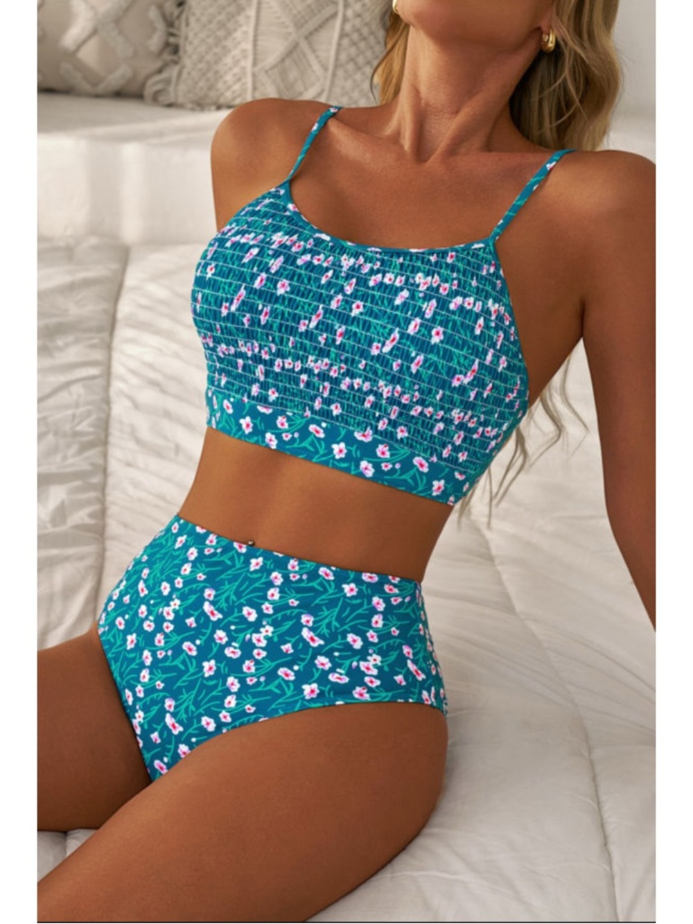 Teal Floral Smocked Tank High-Waist Bikini 2 Piece Swimsuit